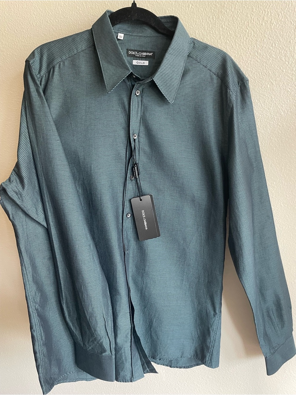 NWT Dolce & Gabbana Men's Dark Green Micro-Textured Button-Up cotton dress Shirt - Picture 3 of 13